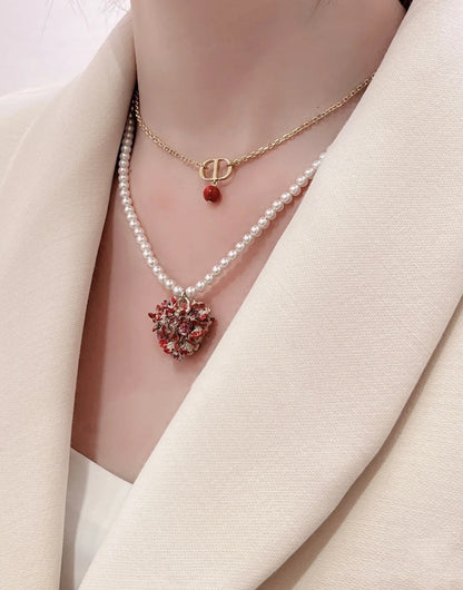 CD 26S PEARL STRAND HEART CRYSTAL PENDANT NECKLACE IN GOLD METAL