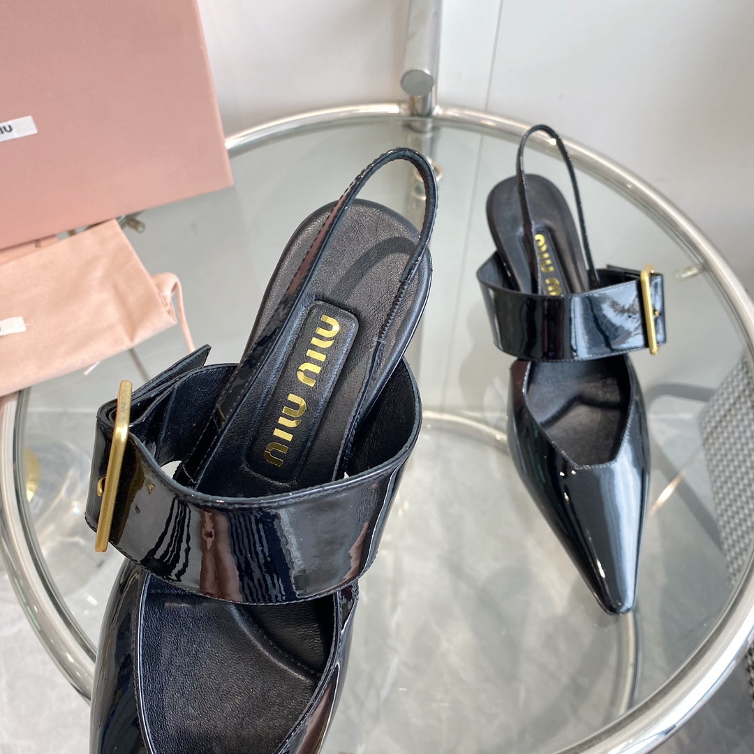HIGH-SLINGBACK POINTED TOE SANDALS BLACK COWHIDE