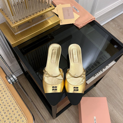 Cap Toe Mules Metallic Gold Color Sheepskin