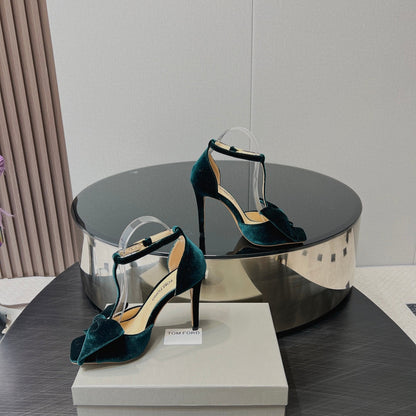 HIGH HEEL 10 SANDAL IN GREEN FOREST VELVET WITH BOW