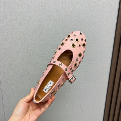ALAIA MARY JANE SHOES IN LIGHT PINK LAMBSKIN GOLD MIX SILVER HARDWARE