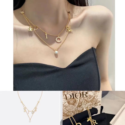 CD 26S MULTI CHARM LAYERED DIOR NECKLACE WITH PEARL DROP IN GOLD TONE 631779