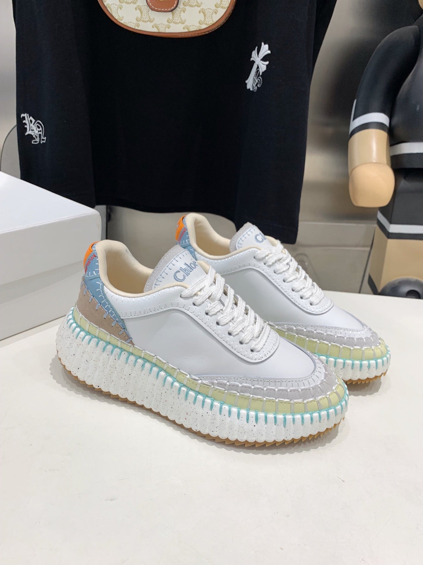 CHLOÉ NAMA SNEAKER 5 CM IN WHITE MIX GREEN CALFSKIN