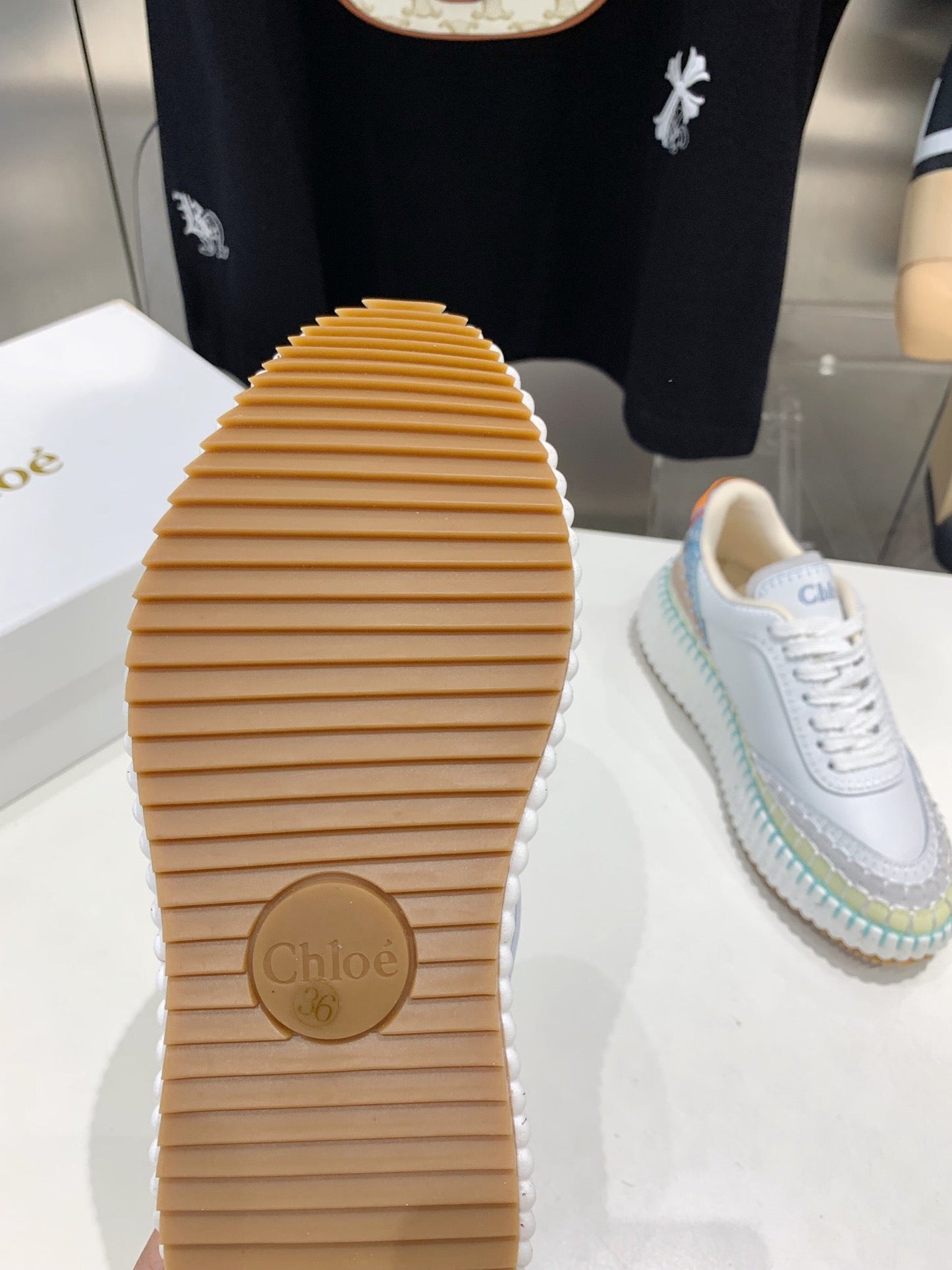 CHLOÉ NAMA SNEAKER 5 CM IN WHITE MIX GREEN CALFSKIN