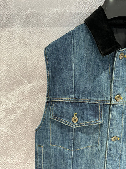 Miu Navy Denim Trucker Vest