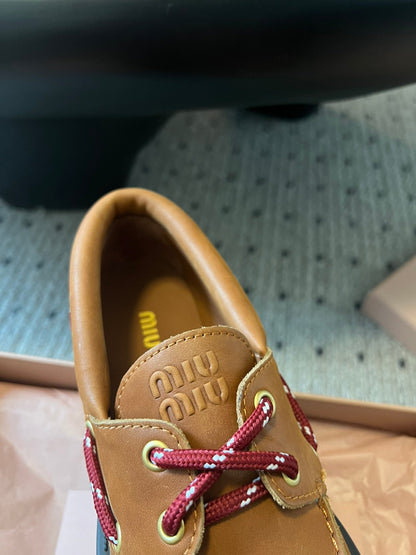 MIUMIU 26S CHUNKY SOLE LOAFERS IN TAN BROWN CALFSKIN