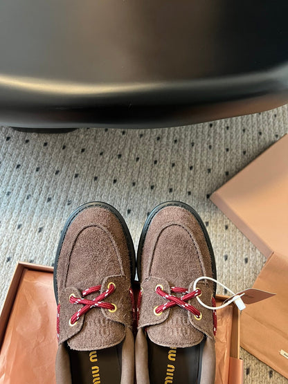MIUMIU 26S CHUNKY SOLE LOAFERS IN DARK BROWN SUEDE