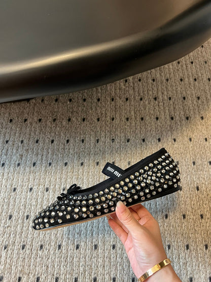 MIUMIU 26S BALLERINA FLATS IN BLACK MESH CALFSKIN WITH RHINESTONES