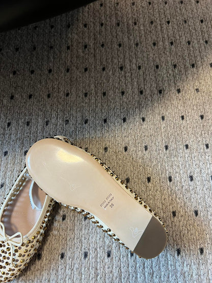 MIUMIU 26S BALLERINA FLATS IN LIGHT BEIGE MESH CALFSKIN WITH RHINESTONES