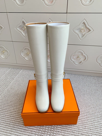 HM 25S TALL BOOTS 50 MM IN WHITE CALFSKIN WITH GOLD HARDWARE