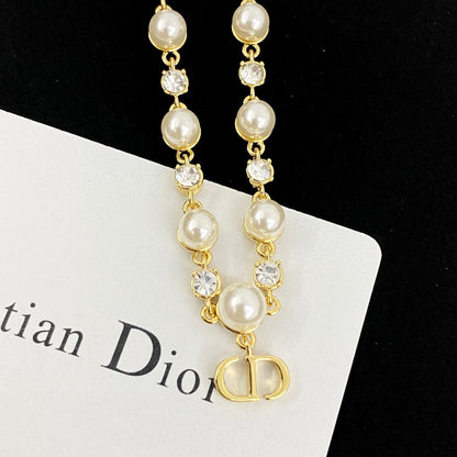 CD 26S CD LOGO PEARL & CRYSTAL BEADED CHAIN NECKLACE IN GOLD METAL 633243
