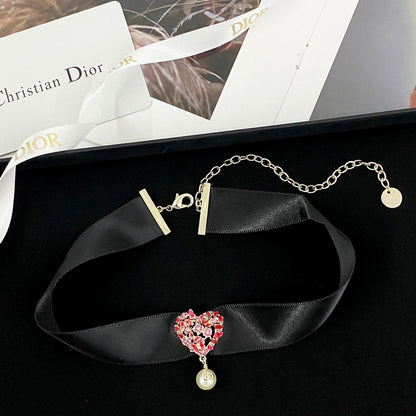 CD 26S HEART CRYSTAL PEARL DROP RIBBON CHOKER NECKLACE IN GOLD METAL