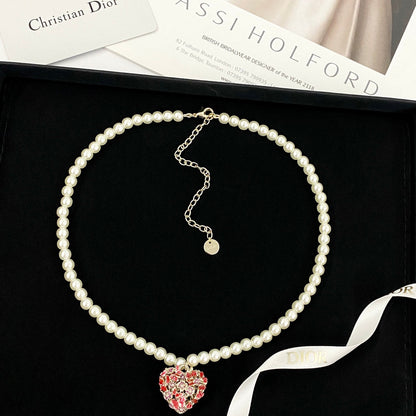 CD 26S PEARL STRAND HEART CRYSTAL PENDANT NECKLACE IN GOLD METAL
