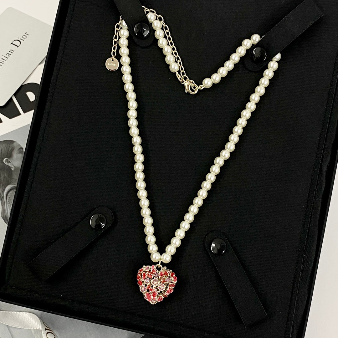 CD 26S PEARL STRAND HEART CRYSTAL PENDANT NECKLACE IN GOLD METAL