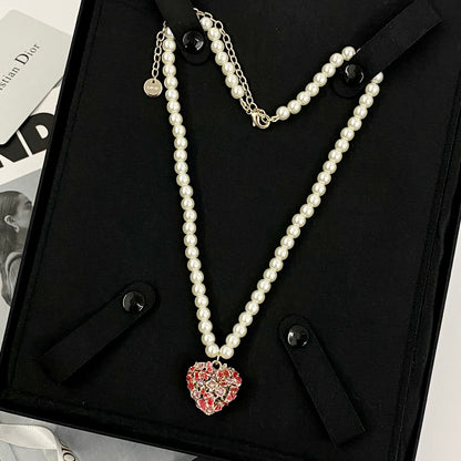 CD 26S PEARL STRAND HEART CRYSTAL PENDANT NECKLACE IN GOLD METAL