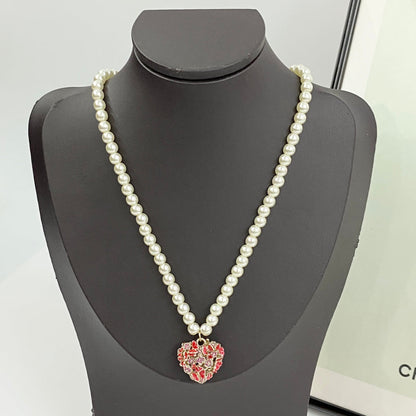 CD 26S PEARL STRAND HEART CRYSTAL PENDANT NECKLACE IN GOLD METAL