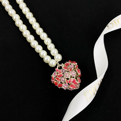 CD 26S PEARL STRAND HEART CRYSTAL PENDANT NECKLACE IN GOLD METAL