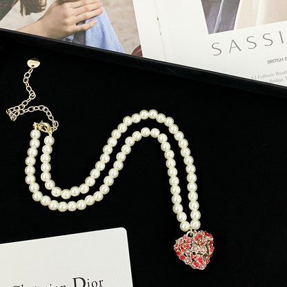CD 26S PEARL STRAND HEART CRYSTAL PENDANT NECKLACE IN GOLD METAL