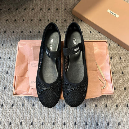 MIUMIU 26S BALLERINAS IN BLACK MESH FABRIC WITH BOW