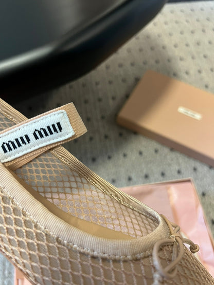 MIUMIU 26S BALLERINAS IN BEIGE MESH FABRIC WITH BOW
