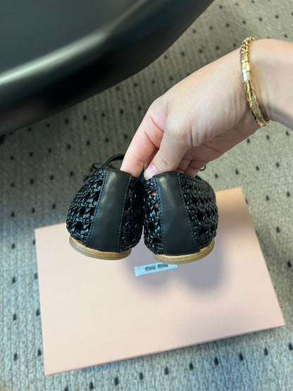 MIUMIU 26S BALLERINA FLATS IN BLACK MESH SHEEPSKIN