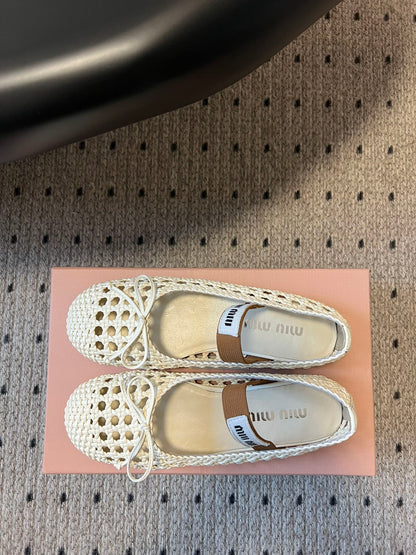 MIUMIU 26S BALLERINA FLATS IN CREAM WHITE MESH SHEEPSKIN