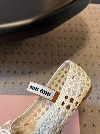 MIUMIU 26S BALLERINA FLATS IN CREAM WHITE MESH SHEEPSKIN