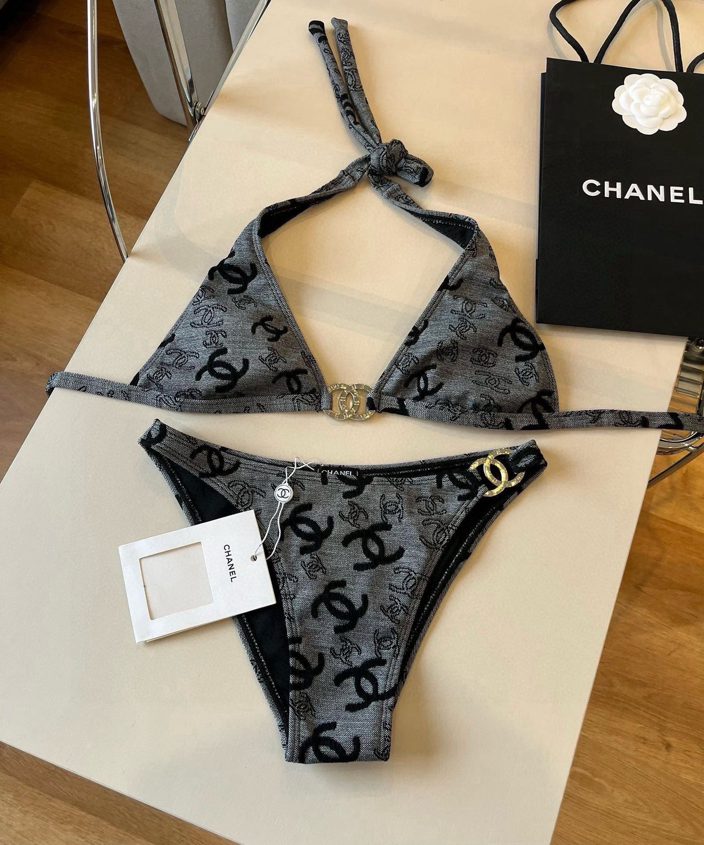SWIMSUIT IN GREY AND BLACK PRINTED LOGO 604224