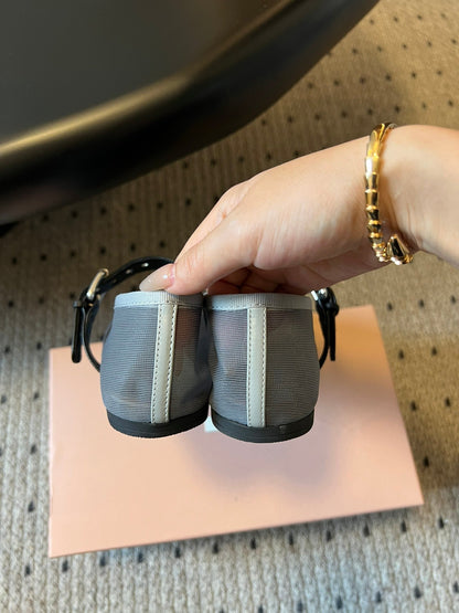 MIUMIU 26S BALLERINAS IN ALUMINUM GRAY MESH FABRIC