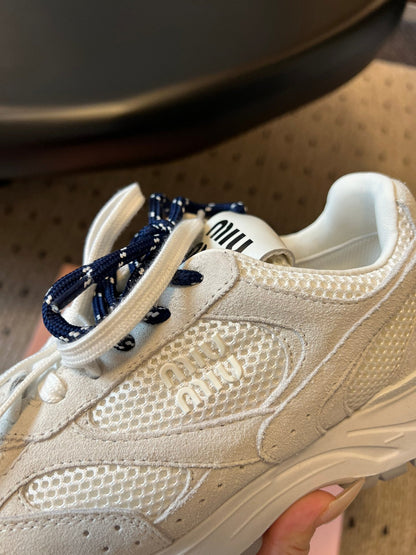 MIUMIU 26S SNEAKERS IN WHITE MESH MIX CALFSKIN