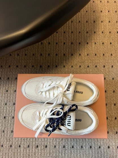 MIUMIU 26S SNEAKERS IN WHITE MESH MIX CALFSKIN