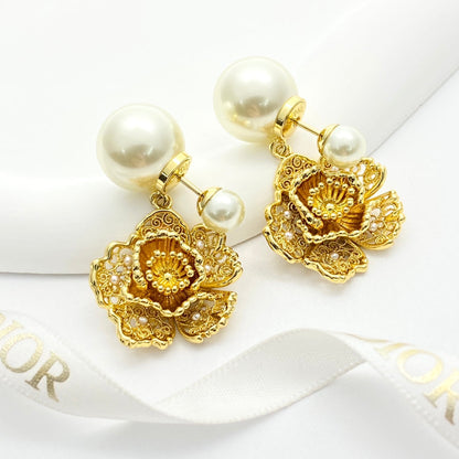 CD 26S PEARL FLORAL FILIGREE DOUBLE DROP EARRINGS IN GOLD METAL 631767