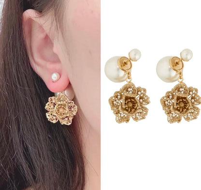 CD 26S PEARL FLORAL FILIGREE DOUBLE DROP EARRINGS IN GOLD METAL 631767