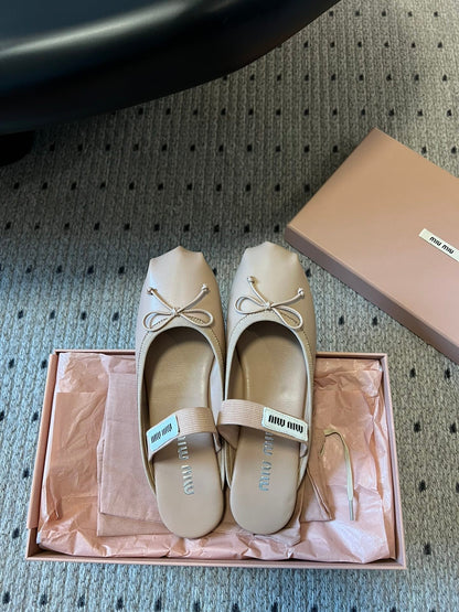 MIUMIU 26S BALLET MULES IN NUDE BROWN CALFSKIN WITH BOW