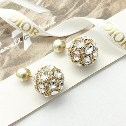 CD 26S DOUBLE PEARL CRYSTAL PAVE SPHERE STUD EARRINGS IN GOLD METAL 631773