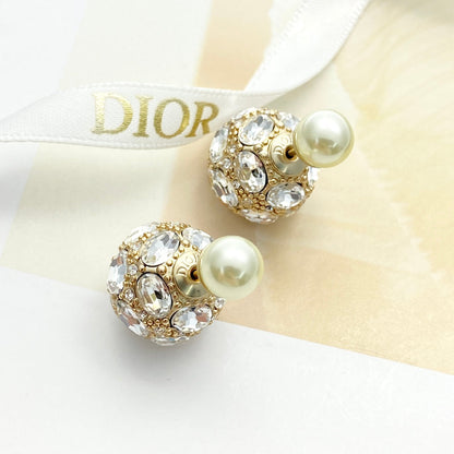 CD 26S DOUBLE PEARL CRYSTAL PAVE SPHERE STUD EARRINGS IN GOLD METAL 631773