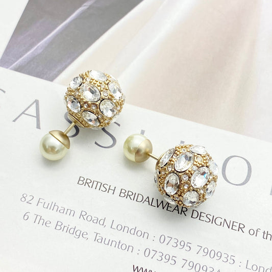 CD 26S DOUBLE PEARL CRYSTAL PAVE SPHERE STUD EARRINGS IN GOLD METAL 631773