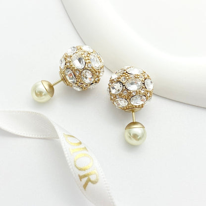 CD 26S DOUBLE PEARL CRYSTAL PAVE SPHERE STUD EARRINGS IN GOLD METAL 631773