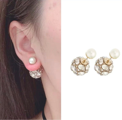 CD 26S DOUBLE PEARL CRYSTAL PAVE SPHERE STUD EARRINGS IN GOLD METAL 631773