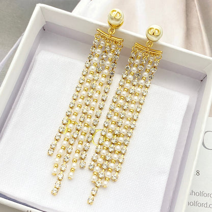 CD 26S MULTI STRAND PEARL CRYSTAL TASSEL DROP EARRINGS IN GOLD METAL 631775