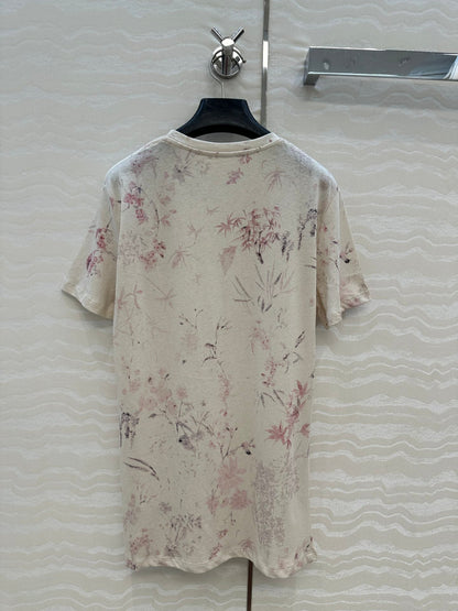 DIOR INK FLOWER PRINTED COTTON-LINEN T-SHIRT