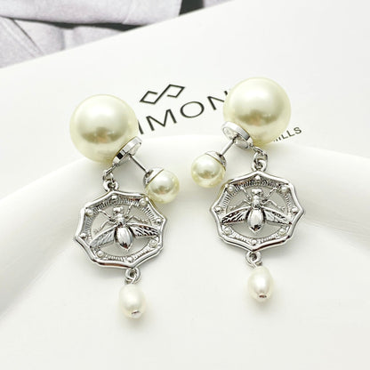 CD 26S DOUBLE PEARL BEE CHARM DROP EARRINGS IN SILVER METAL 633180