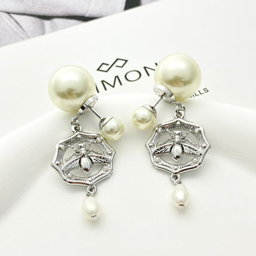 CD 26S DOUBLE PEARL BEE CHARM DROP EARRINGS IN SILVER METAL 633180