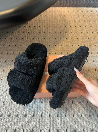 MIUMIU 26S SHEEPSKIN SLIPPERS IN BLACK