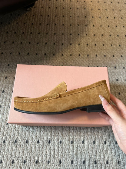 MIUMIU 26S LOAFERS IN TAN BROWN SUEDE