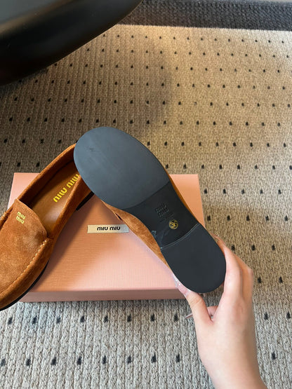 MIUMIU 26S LOAFERS IN CARAMEL BROWN SUEDE