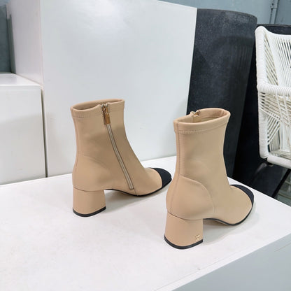 CHANEL ANKLE BOOTS 25S 45 MM IN BEIGE AND BLACK LAMBSKIN WITH ZIPPER