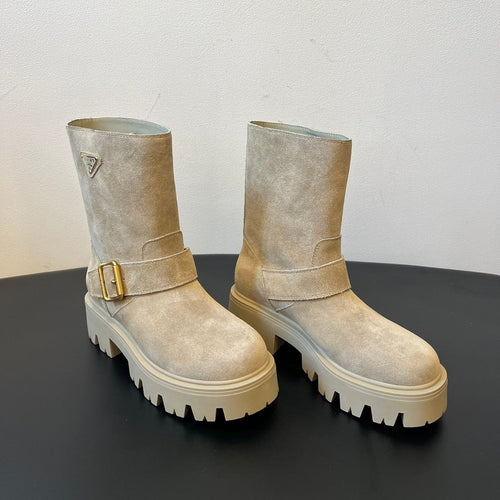 PRADA 25S PLATFORM ANKLE BOOTS IN BEIGE SUEDE WITH GOLD HARDWARE