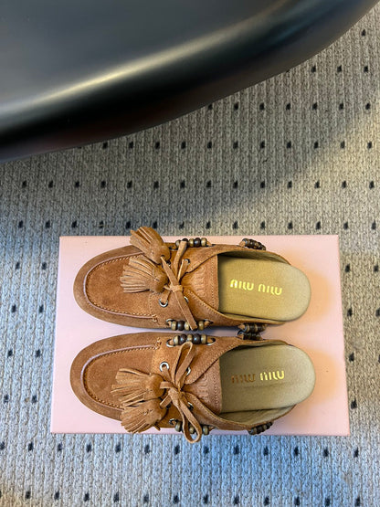 MIUMIU 26S MULES IN CARAMEL BROWN SUEDE