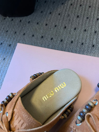 MIUMIU 26S MULES IN CARAMEL BROWN SUEDE